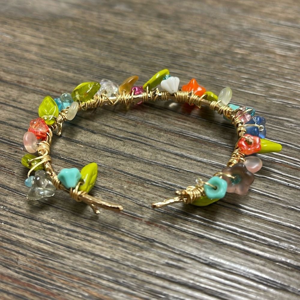 Gold-tone Branch Cuff Bracelet, Wire Wrapped with Glass Flower and Leaf Beads